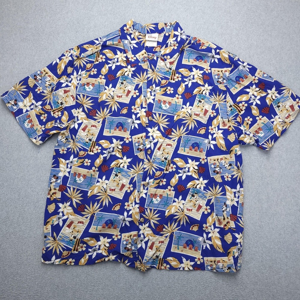 Disney Store Shirt Mens Large Blue Hawaiian Mickey Minnie Short Sleeve Button Up - Picture 2 of 10